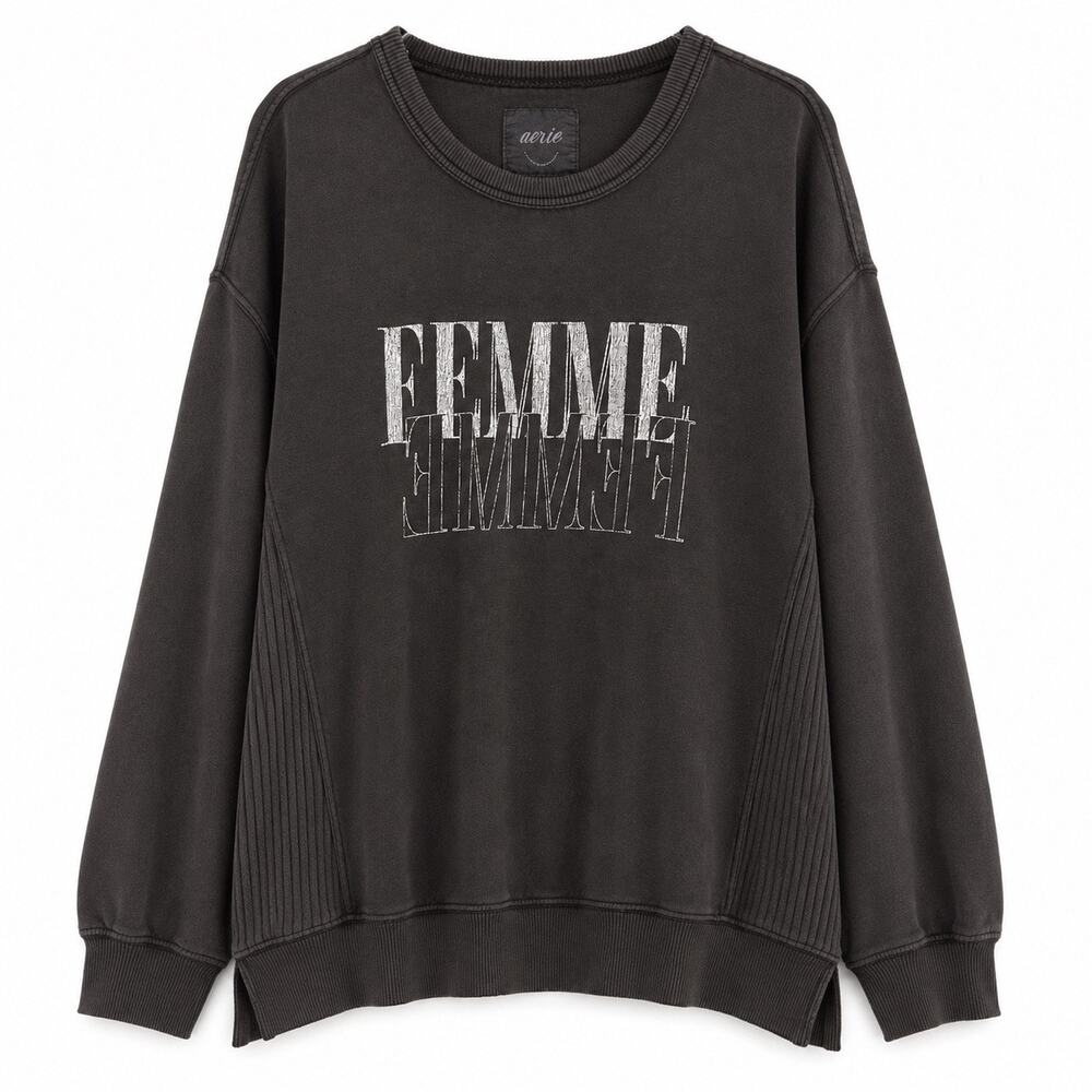 Aerie Graphic Sweatshirt Oversized Cotton with word FEMME Dark Gray Women M